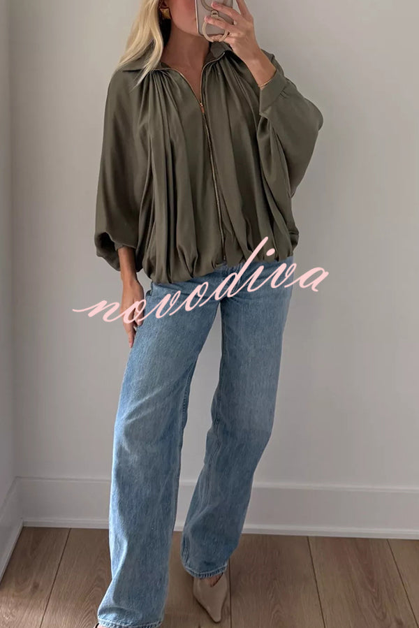 Fashion Lapel Loose Puff Long Sleeve Casual Zipper Jacket
