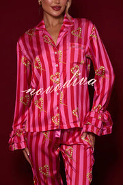 Festive Season Long Candy Stripe Tiered Bell Cuffs Elastic Waist Pocketed Pajama Set