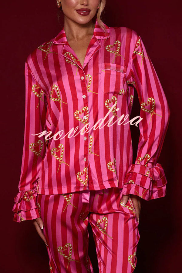 Festive Season Long Candy Stripe Tiered Bell Cuffs Elastic Waist Pocketed Pajama Set