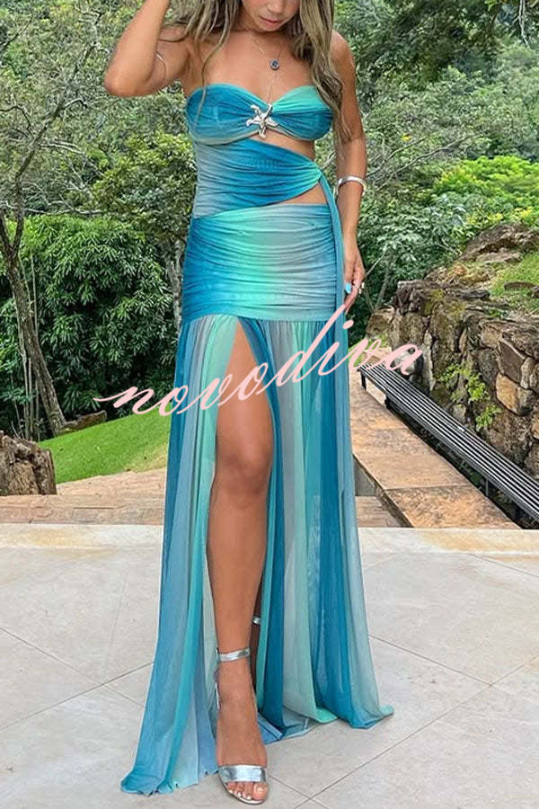Soleil Mesh Printed Starfish Pendant Ruched Cutout Off Shoulder Maxi Dress