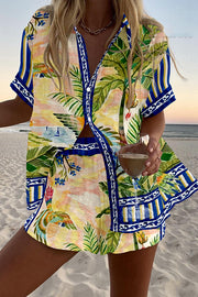 Coconut Beach Print Loose Buttoned Elastic Waist Shorts Set