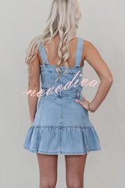 Solid Square Neck Suspender Button Pocket Denim Mini Dress