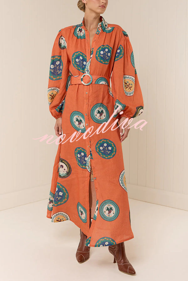 Linen Blend Unique Print Belted Single-breasted Casual Maxi Dress