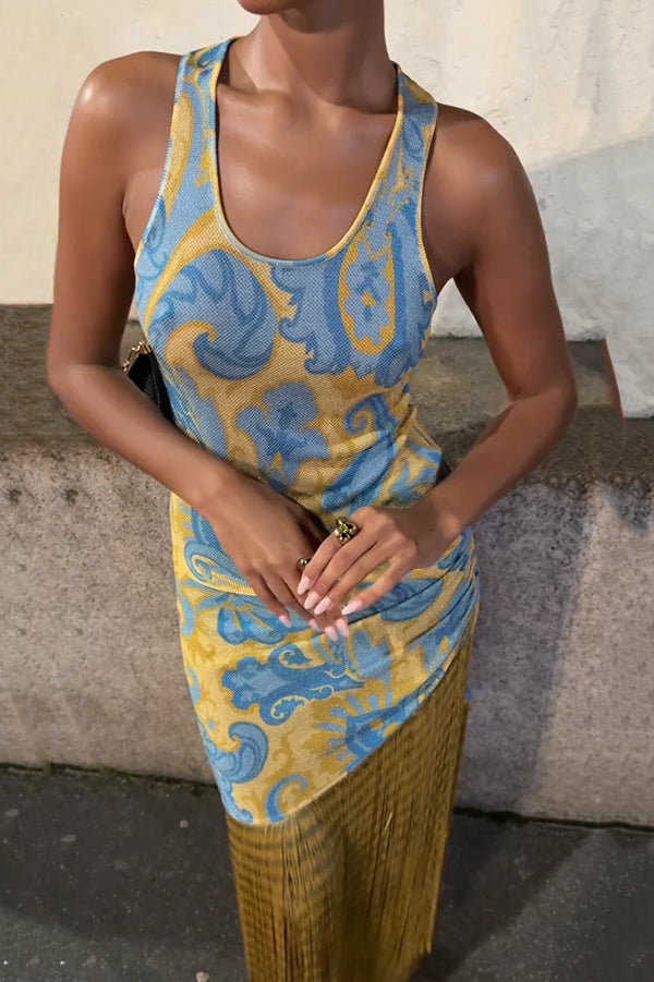 Unique Print Sleeveless Fitted Fringed Hem Maxi Dress