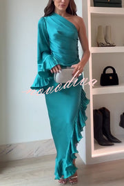 Elegant Satin One Shoulder Sleeve Pleated Ruffles Trim Ruched Asymmetrical Maxi Dress