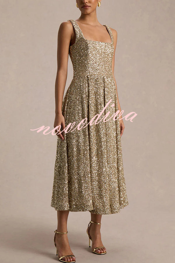 Effortless Sparkle Sequin Square Neck Wide Strap A-Line Midi Dress