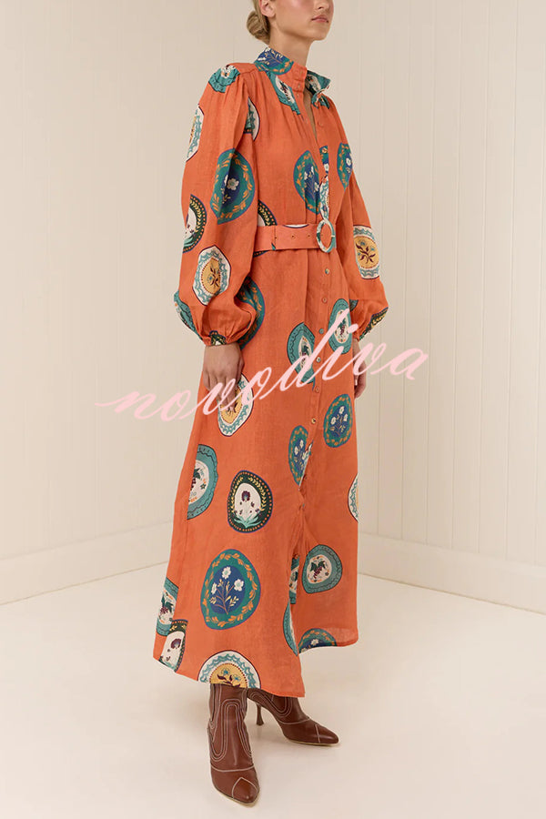 Linen Blend Unique Print Belted Single-breasted Casual Maxi Dress