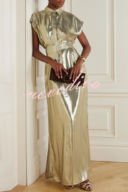 Francesca Metallic Satin-blend Button Short Sleeve Belted Shirt Maxi Dress