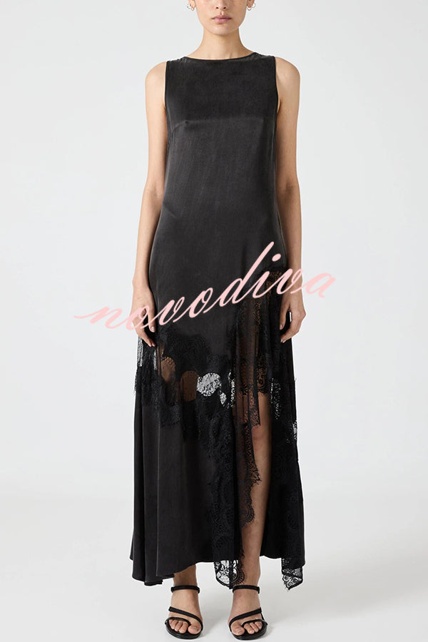 Pretty Soul Satin Lace Trim Wide Neck Irregular Hem Slit Maxi Dress