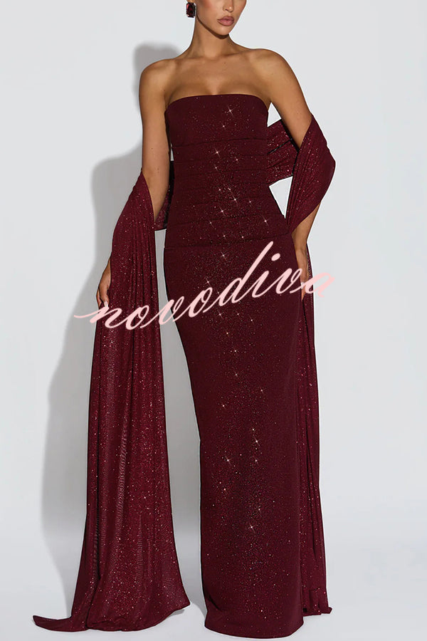 Pandra Glittery Crepe Fabric Off Shoulder Ruched Slit Cape Maxi Dress