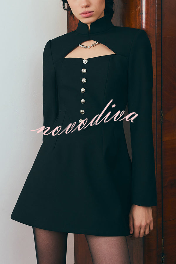 Elegant Long-sleeved Hollowed-out Button-down Slim-fit Mini Dress