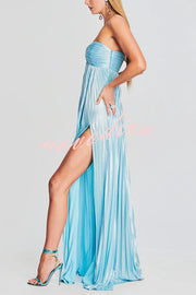 Metallic Sexy Tube Top Pleated High Slit Maxi Dress
