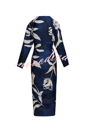 Caliana Unique Print Dolman Long Sleeve Ruched Slit Midi Dress