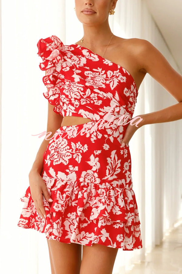 Floral Print One-shoulder Ruffled Waist Cutout Mini Dress