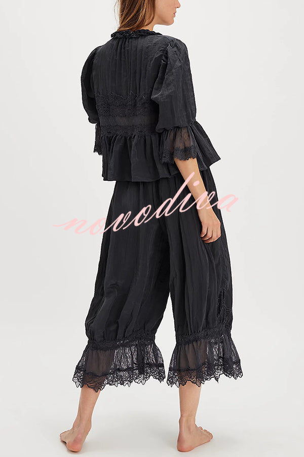 Pastoral Style Elastic Waist Lace Hem Bloomer Pants