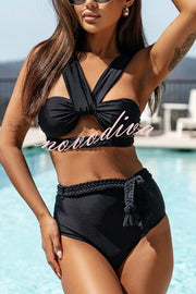 Solid Color Braided Rope High Waist Stretch Two-piece Bikini Swimsuit