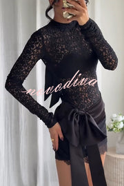 Anna Semi-sheer Lace Long Sleeve Back Bow Tie-up Cutout Stretch Bodysuit