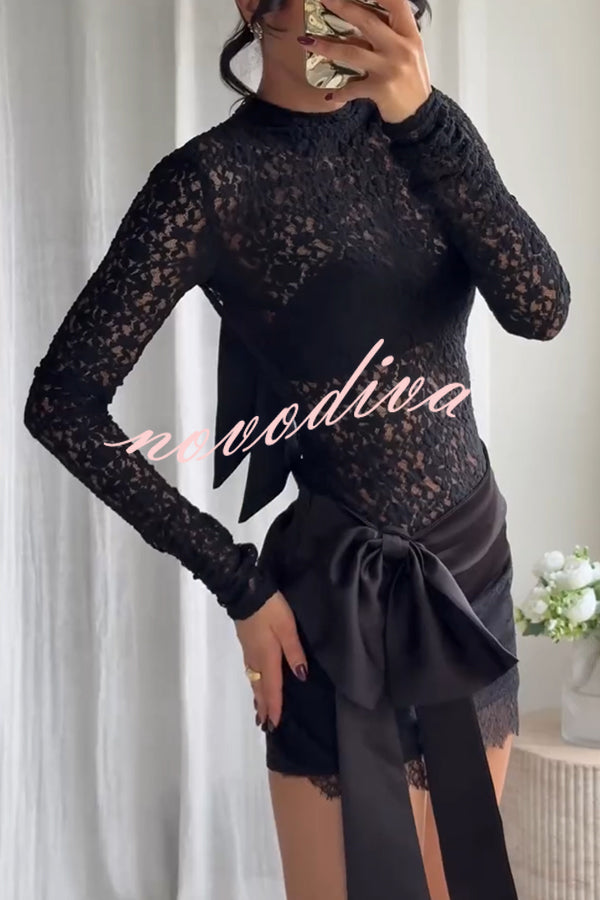 Anna Semi-sheer Lace Long Sleeve Back Bow Tie-up Cutout Stretch Bodysuit
