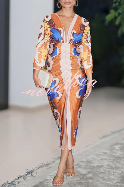 Bahamas Unique Print Dolman Long Sleeve Ruched Slit Midi Dress