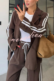 Levvie Striped Trim Long Sleeve Lapel Blazer and Rope Belt Pocketed Wide Leg Pants Set