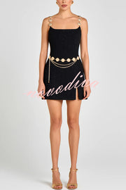 Timeless Exquisite Tweed Fabric Metal Coin Chain Detail Slip Mini Dress
