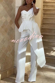 Amena One Shoulder Sweetheart Neck Ruffle Hem Top and Elastic Waist Pocket Wide Leg Pants Set