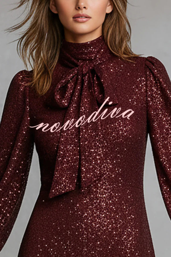 Gift for Me Sequin High Neck Bow Tie Long Lantern Sleeve Party Mini Dress