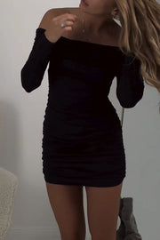 Friday Party Off Shoulder Long Sleeve Ruched Stretch Party Mini Dress