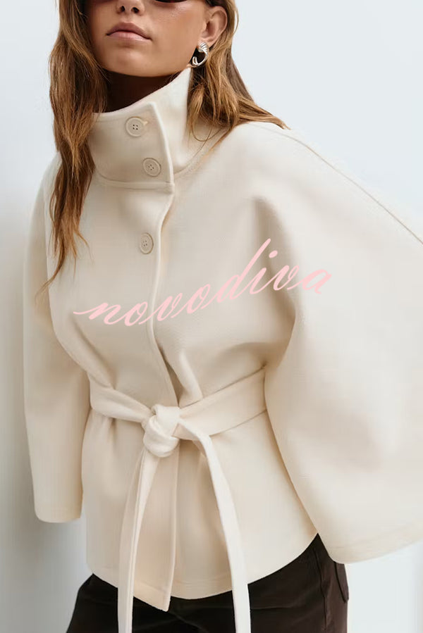 Fashionable Stand Collar Button Waist Tie Loose Cape