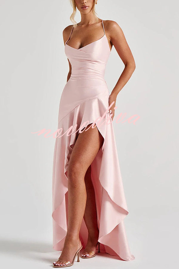 Samira Satin Back Lace-up Ruffles High Low Slit Maxi Dress