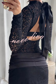 Anna Semi-sheer Lace Long Sleeve Back Bow Tie-up Cutout Stretch Bodysuit