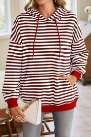 Striped Print Long Sleeve Pocket Loose Hoodie