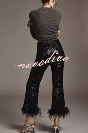 New Year Eve Sequin Feather Trim High Rise Back Zipper Flare Pants