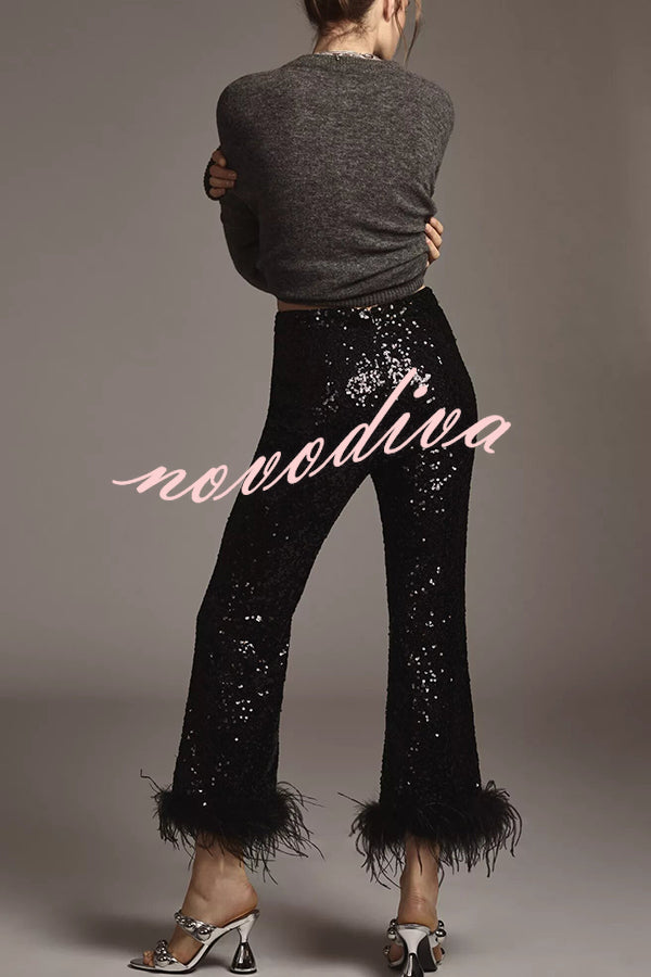 New Year Eve Sequin Feather Trim High Rise Back Zipper Flare Pants