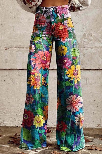 Casual Floral Print Button Pocket Wide Leg Pants