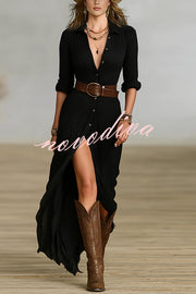 Fashion Lapel Single-breasted Waist Shirt-style Maxi Dress