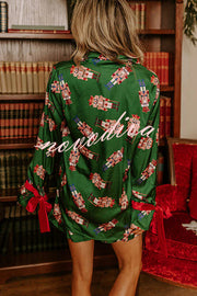 Christmas Dreaming Satin Nutcrackers Print Velvet Trim Elastic Waist Pocketed Pajama Shorts Set