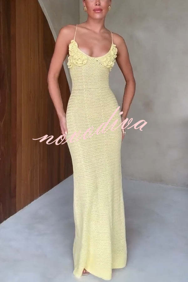 Olivia Crochet Knit Rose Texture Backless Stretch Maxi Dress