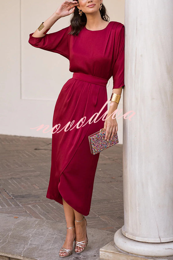 Satin Solid Color Round Neck Half Sleeve Waist Midi Dress