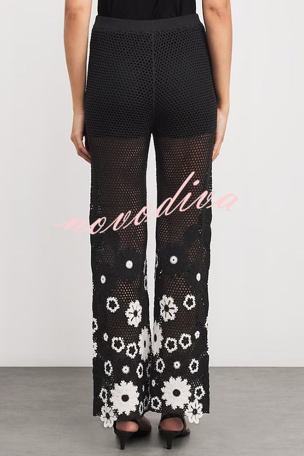 Fashion Embroidered Hollow Hook Elastic Waist Casual Wide-leg Pants