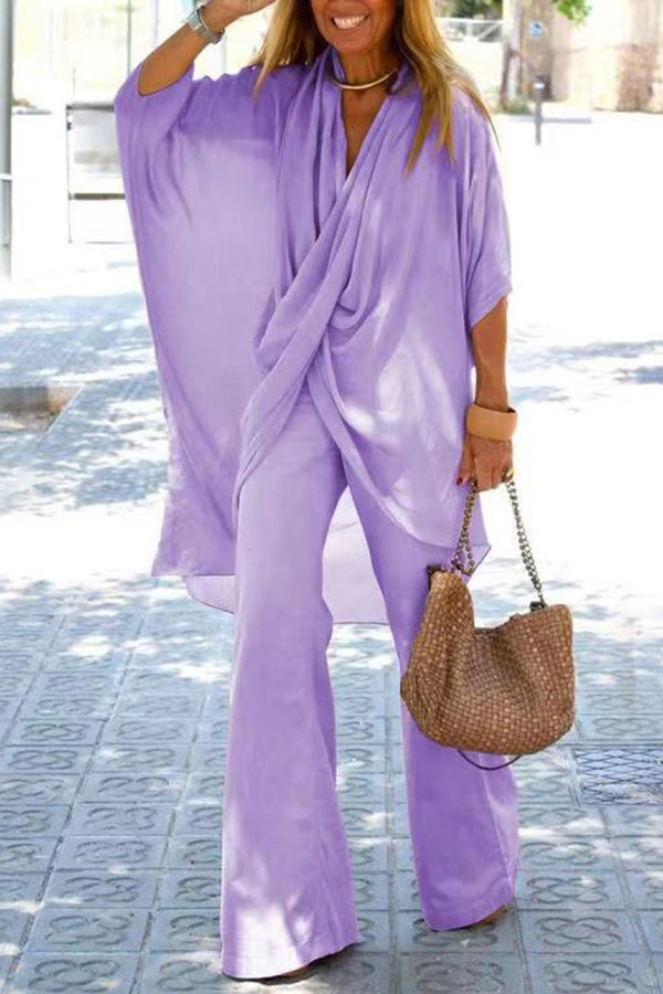 Casual V Neck Trumpet Sleeve Top and Pants Two Piece Set