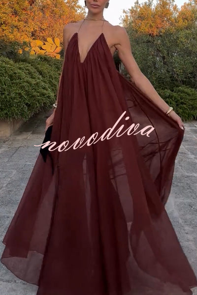 Flowing Lightweight Chiffon Chain Halter Neck Detail Backless A-line Maxi Dress