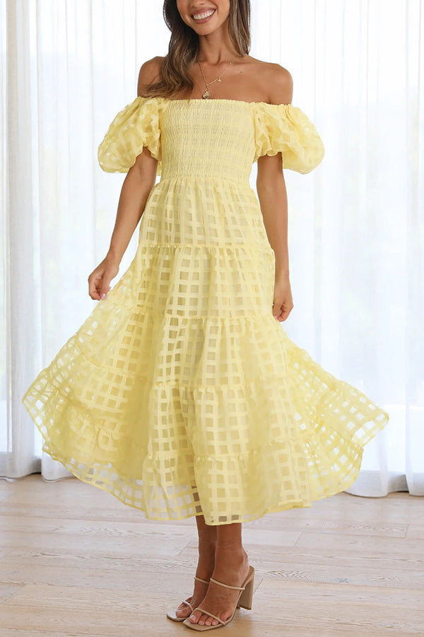 Dare To Dance Square Pattern Fabric Smocked Puff Sleeve Midi Dress