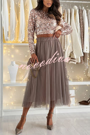 Holiday Party Tulle High Rise Elastic Waistband A-line Midi Skirt