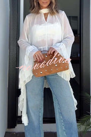 Flowy See-through Ruffle Tie-up Neck Bell Sleeve High-low Hem Cape Shirt