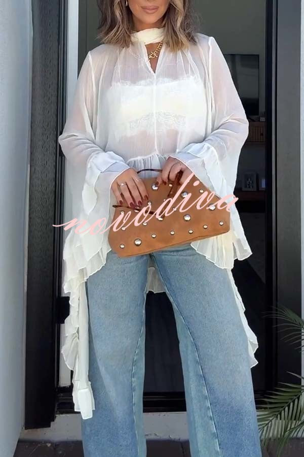 Flowy See-through Ruffle Tie-up Neck Bell Sleeve High-low Hem Cape Shirt