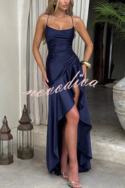 Solid Color Sexy Backless Lace-up Irregular Ruffled Maxi Dress