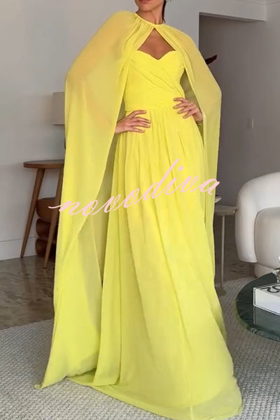 Romantic Party Chiffon Off Shoulder Sweetheart Neck Ruched Cape Maxi Dress