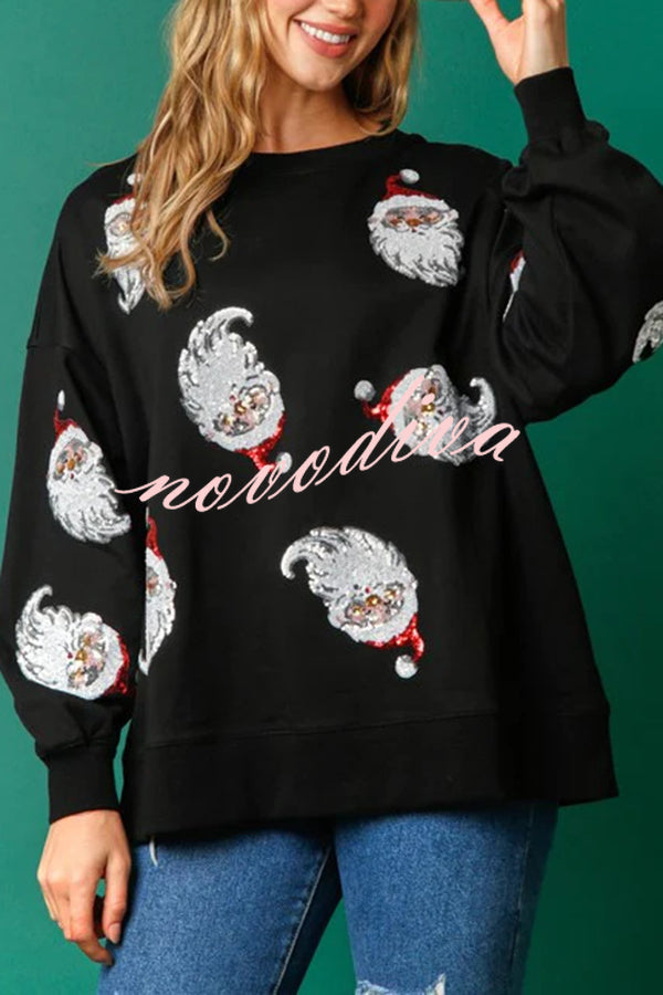 Santa Honey Sequin Christmas Pattern Loose Sweatshirt