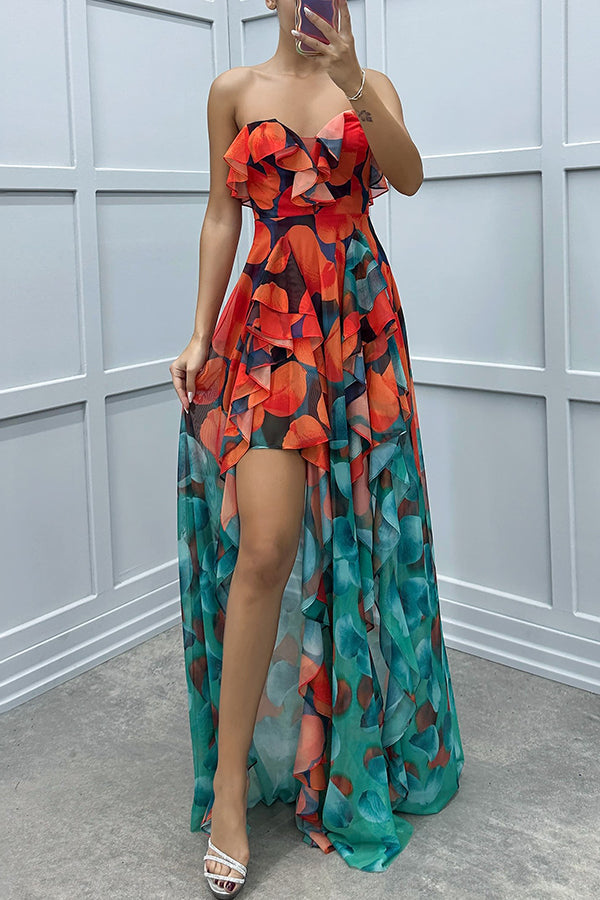 Loving Moment Gradient Unique Print Flowing Layered Ruffles Strapless Slit Maxi Dress